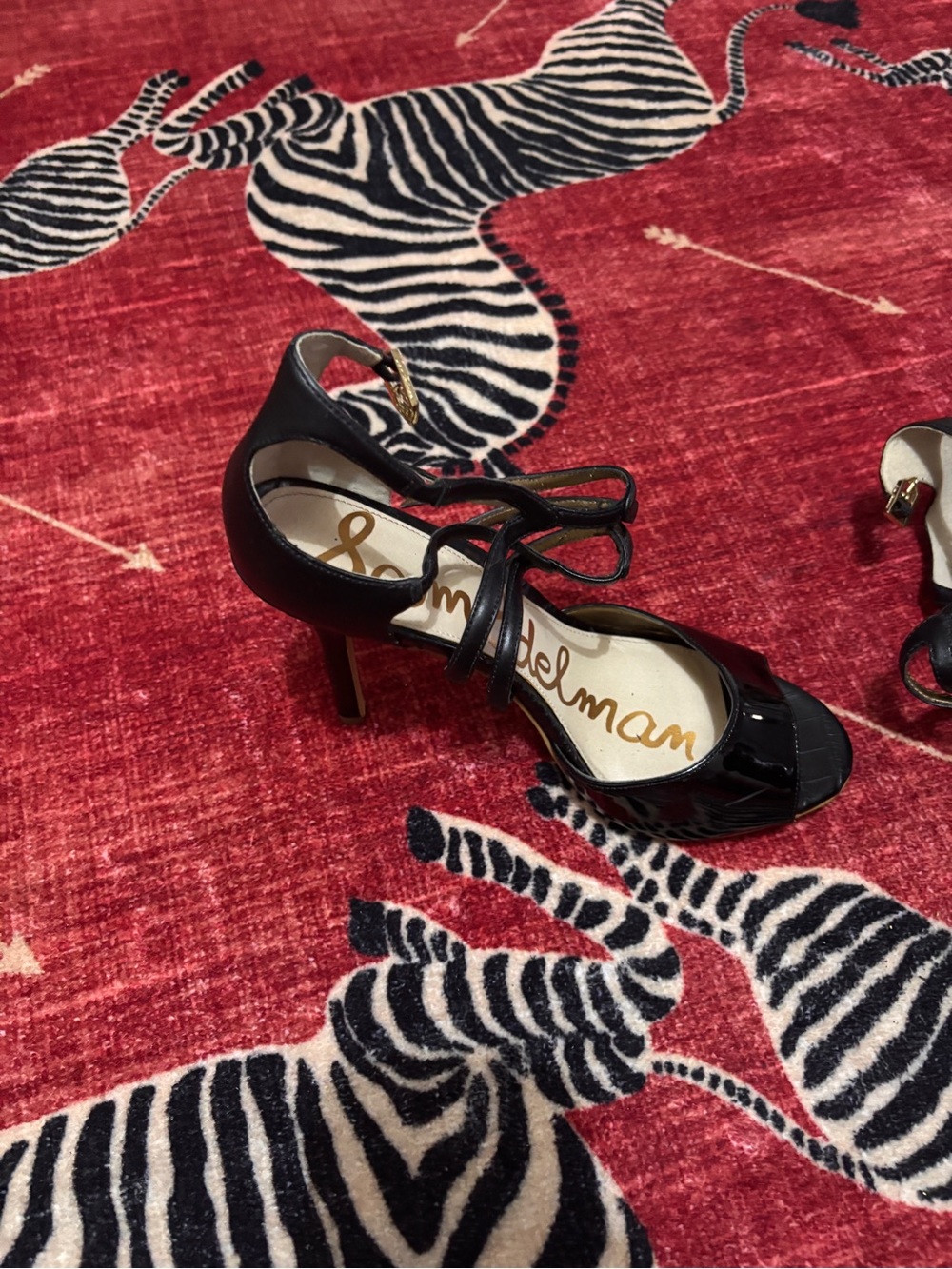 Sam Edelman Black Patent Strappy Open-Toe Heels with Gold Buckle - Picture 2 of 4